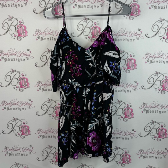 Express tank top ruffle flowers purple green Black and Gray Floral shirt - Picture 2 of 11